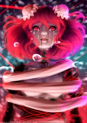 Rule 34 | 1girl, bandages, blood, blood from mouth, bun cover, crying, crying with eyes open, decapitation, double bun, ero guro, flower, guro, hair bun, highres, ibaraki kasen, open mouth, pink eyes, pink flower, pink hair, pink rose, rose, sanneadeen, short hair, solo, support, tearing up, tears, touhou, urban legend in limbo, watermark, web address, wrapped up