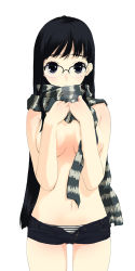 Rule 34 | 1girl, black hair, blue eyes, breasts, cleavage, covering breasts, covering privates, glasses, long hair, navel, panties, scarf, short shorts, shorts, simple background, solo, striped clothes, striped panties, striped scarf, underwear