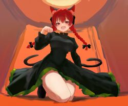 Rule 34 | 1girl, absurdres, animal ears, bare legs, black dress, blush, bow, braid, breasts, bright pupils, cat ears, commentary, dress, extra ears, fang, hair bow, highres, indoors, juliet sleeves, kaenbyou rin, kneeling, large breasts, long sleeves, looking at viewer, moriforest1040, puffy sleeves, red eyes, red hair, skin fang, smile, solo, touhou, twin braids