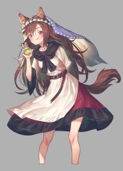 Rule 34 | 1girl, :q, animal ear fluff, animal ears, apple, arm behind back, belt, blouse, blush, brooch, brown belt, brown hair, commentary request, cropped legs, fingernails, flower, food, fruit, grey background, hair between eyes, hand up, head wreath, highres, holding, holding food, holding fruit, imaizumi kagerou, jewelry, leaning forward, long hair, long sleeves, looking at viewer, nail polish, red eyes, red nails, red skirt, sharp fingernails, shirt, sidelocks, simple background, skirt, solo, standing, tail, tongue, tongue out, touhou, veil, very long hair, white flower, white shirt, wide sleeves, wolf ears, wolf tail, yamamomo (plank)