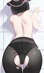 Rule 34 | 1girl, absurdres, animal ears, artist name, ass, back, black choker, black hair, black panties, black pantyhose, blue archive, cat ears, choker, colored inner hair, cowboy shot, from behind, halo, highres, kazusa (blue archive), multicolored hair, panties, pantyhose, pink hair, pink halo, short hair, signature, solo, tomid, torn clothes, torn pantyhose, underwear