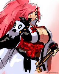 Rule 34 | 1girl, amputee, baiken, breasts, cleavage, d-ryuu, guilty gear, guilty gear xrd, hand on hilt, huge breasts, japanese clothes, katana, kimono, lips, long hair, no bra, obi, one-eyed, open clothes, open kimono, pink eyes, pink hair, ponytail, sash, scar, scar across eye, scar on face, solo, straw (stalk), sword, weapon