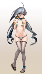 Rule 34 | 1girl, ahoge, alternate costume, ankle bow, ankle ribbon, as109, bikini, blush, bow, bowtie, breasts, cameltoe, choker, collarbone, covered erect nipples, gradient background, green bikini, grey eyes, grey hair, grey legwear, hair between eyes, hair ribbon, highres, kantai collection, kiyoshimo (kancolle), knees together feet apart, leg ribbon, long hair, looking at viewer, low twintails, micro bikini, navel, open mouth, pigeon-toed, polka dot, polka dot bikini, polka dot swimsuit, ribbon, ribbon choker, sandals, simple background, skindentation, small breasts, smile, solo, swimsuit, thigh gap, thighhighs, tsurime, twintails, very long hair, wristband