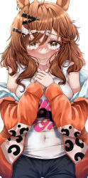Rule 34 | 1girl, animal ears, breasts, brown hair, closed mouth, covered navel, covering own mouth, cowboy shot, ear piercing, highres, horse ears, horse girl, jacket, jacket partially removed, jungle pocket (umamusume), looking at viewer, medium breasts, medium hair, open clothes, open jacket, orange jacket, piercing, shirt, short sleeves, smile, solo, tabunshake, umamusume, white background, white shirt
