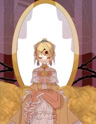 Rule 34 | 1girl, aku no musume (vocaloid), bare shoulders, blonde hair, bow, brooch, choker, closed eyes, closed mouth, collarbone, curtains, dress, dress bow, dress flower, dress ribbon, earrings, evillious nendaiki, flower, four mirrors of lucifenia, frilled dress, frilled sleeves, frills, hair bow, hair ornament, hairclip, high ponytail, jewelry, kagamine rin, mirror, off-shoulder dress, off shoulder, orange bow, pale skin, petticoat, puge (r neko 12), riliane lucifen d&#039;autriche, rose, skirt hold, smile, solo, swept bangs, thorns, updo, vocaloid, wide sleeves, yellow bow, yellow choker, yellow dress, yellow flower, yellow rose