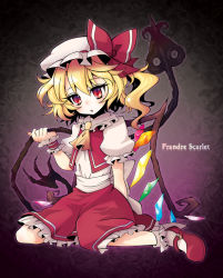 Rule 34 | 1girl, ascot, asymmetrical hair, blonde hair, blush, bow, character name, embodiment of scarlet devil, female focus, flandre scarlet, full body, gradient background, hat, laevatein, mary janes, moriwo, open mouth, red eyes, shoes, short hair, side ponytail, solo, touhou, wings