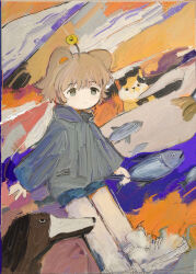Rule 34 | 1girl, abstract background, absurdres, animal, animal ears, antennae, blue skirt, brown hair, calico, cat, ciel (paradis47), closed mouth, commentary, dated commentary, dog, expressionless, faux traditional media, fish, foot out of frame, grey eyes, grey jacket, high collar, highres, holding, holding animal, holding fish, impasto, jacket, long sleeves, miniskirt, multicolored background, original, shoes, short hair, skirt, sneakers, solo, tareme, white footwear