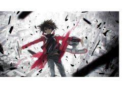 Rule 34 | 1boy, black shirt, brown eyes, brown hair, city, cityscape, closed mouth, commentary request, duel academy uniform (yu-gi-oh! gx), duel disk, feet out of frame, from above, hair between eyes, highres, jacket, letterboxed, long sleeves, looking at viewer, male focus, monochrome background, moribuden, multicolored hair, open clothes, open jacket, outstretched arms, red jacket, shirt, short hair, solo, yu-gi-oh!, yu-gi-oh! gx, yuki judai