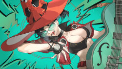 Rule 34 | 1girl, absurdres, aqua background, black choker, black gloves, black hair, breasts, choker, cleavage, electric guitar, fingerless gloves, gloves, green-tinted eyewear, guilty gear, guilty gear strive, guitar, hat, highres, i-no, instrument, large breasts, looking at viewer, mole, mole above mouth, open mouth, red headwear, red leather, red lips, short hair, smile, sunglasses, tinted eyewear, venus symbol, witch hat, yzbr