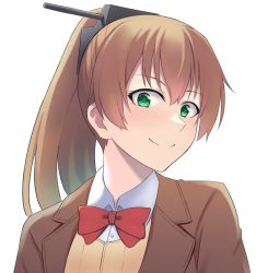 Rule 34 | 1girl, blazer, brown cardigan, brown hair, brown jacket, cardigan, green eyes, hair ornament, highres, jacket, kantai collection, kumano (kancolle), long hair, looking at viewer, ponytail, red neckwear, simple background, smile, solo, takaman (gaffe), upper body, white background