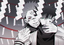 Rule 34 | 2021, 2boys, black nails, commentary request, covering another&#039;s mouth, dated, evil smile, extra eyes, eyelashes, facial tattoo, fingernails, fushiguro megumi, green eyes, hair between eyes, high collar, highres, holding hands, jacket, jujutsu kaisen, long sleeves, looking at viewer, male focus, monochrome, multiple boys, nail polish, paper, red eyes, ryoumen sukuna (jujutsu kaisen), sato zero915, short hair, smile, spiked hair, spot color, tattoo, twitter username, undercut, yaoi