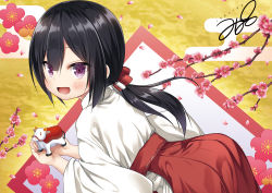 Rule 34 | 1girl, 2021, :d, black hair, chinese zodiac, commentary request, cow, hakama, hakama skirt, japanese clothes, long hair, long sleeves, looking at viewer, miko, new year, open mouth, original, ponytail, purple eyes, red hakama, skirt, smile, solo, year of the ox, yukino minato