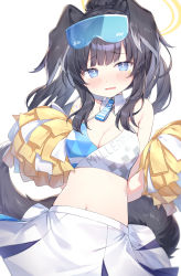 Rule 34 | 1girl, animal ears, bare shoulders, black hair, blue archive, blue eyes, breasts, bright pupils, cheerleader, cleavage cutout, clothing cutout, collared shirt, crop top, dog ears, dog girl, dog tail, goggles, goggles on head, halterneck, hibiki (blue archive), hibiki (cheer squad) (blue archive), highres, holding, holding pom poms, long hair, looking at viewer, medium breasts, midriff, millennium cheerleader outfit (blue archive), navel, official alternate costume, pleated skirt, pom pom (cheerleading), pom poms, shirt, skirt, sleeveless, sleeveless shirt, solo, spaghetti strap, stomach, tail, topia, upper body, white shirt, white skirt