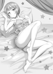 Rule 34 | 10s, 1girl, barefoot, bed sheet, blush, breasts, camisole, closed mouth, commentary request, curtains, cutlass (girls und panzer), feet, frown, full body, girls und panzer, greyscale, highres, icomochi, lace, lace-trimmed shirt, lace trim, legs, looking at viewer, lying, medium breasts, monochrome, on back, on bed, pajamas, pillow, shirt, short hair, shorts, solo, star (symbol), strap slip