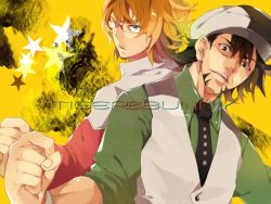 Rule 34 | 10s, 2boys, back-to-back, bad id, bad pixiv id, barnaby brooks jr., blonde hair, blue eyes, brown eyes, brown hair, cabbie hat, facial hair, glasses, green eyes, hat, hyakuhachi (over3), jacket, jewelry, kaburagi t. kotetsu, male focus, multiple boys, necklace, necktie, red jacket, short hair, stubble, tiger &amp; bunny, vest, waistcoat