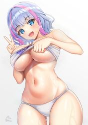 Rule 34 | 1girl, :d, absurdres, artist name, bare arms, bare shoulders, bikini, bikini top lift, blue eyes, blue hair, blush, breasts, cleavage, clothes lift, clothes writing, commentary request, dolphin wave, fingernails, from below, gluteal fold, gradient background, grey background, hands up, highres, kukuri tomo, large breasts, lifted by self, looking at viewer, multicolored hair, navel, open mouth, paizuri invitation, pinesphere, pink hair, short hair, smile, solo, standing, stomach, strapless, strapless bikini, streaked hair, swimsuit, two-tone hair, underboob, v, wet, wet hair, white background, white bikini