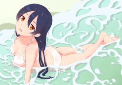 Rule 34 | 10s, 1girl, :d, arched back, ass, barefoot, beach, bikini, blue hair, breasts, egooo, feet, long hair, looking at viewer, looking up, love live!, love live! school idol project, lying, medium breasts, on stomach, open mouth, orange eyes, outdoors, partially submerged, smile, solo, sonoda umi, swimsuit, toes, water, white bikini