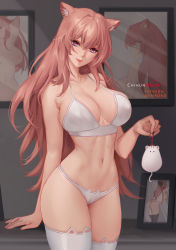 Rule 34 | 1girl, animal ear legwear, arm at side, artist name, ass, bare back, bare shoulders, bikini, black bow, black thighhighs, blush, bow, bra, breasts, cameltoe, cat cutout, cat ear legwear, cat ear panties, cat lingerie, chihunhentai, cleavage, closed mouth, clothing cutout, collarbone, cowboy shot, fingernails, from behind, gumroad username, hair between eyes, hair bow, hand up, head tilt, highres, holding, indoors, large breasts, legs together, long hair, looking at viewer, meme attire, navel, nipples, panties, patreon username, picture frame, pink hair, purple eyes, sidelocks, smile, solo, standing, stomach, swimsuit, thighhighs, thong, topless, underwear, very long hair, white bra, white panties, white thighhighs