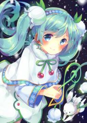 Rule 34 | 1girl, aqua hair, blue eyes, blush, capelet, earrings, flower, fur-trimmed capelet, fur trim, hair flower, hair ornament, hairband, hatsune miku, holding, holding flower, jewelry, lily of the valley, long hair, long sleeves, looking at viewer, neck ribbon, rabbit, ribbon, shiki hinako, skirt, smile, snowflake print, snowing, solo, treble clef, twintails, vocaloid, white flower, yuki miku