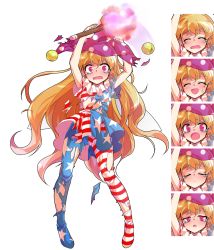 Rule 34 | 1girl, ^ ^, after battle, alphes (style), american flag dress, american flag legwear, blonde hair, blush, broken, closed eyes, clownpiece, crying, crying with eyes open, dairi, closed eyes, fairy wings, flat chest, frown, full body, hat, jester cap, messy hair, pantyhose, parody, purple eyes, sad, standing, style parody, sweatdrop, tachi-e, tears, torch, torn clothes, touhou, transparent background, wavy hair, wings