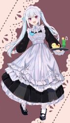 Rule 34 | 1girl, 5lira, :d, apron, bird, bird on tray, black dress, black footwear, blue hair, bow, bowtie, cherry, chick, colored inner hair, cream soda, cup, dot nose, dress, drink, drinking glass, eyelashes, food, frilled apron, frills, fruit, full body, hashtag-only commentary, heart, high heels, highres, holding, holding tray, ice, ice cube, lace background, lize helesta, lize helesta (9th costume), long dress, long hair, long sleeves, maid, maid apron, monocle, multicolored hair, name tag, nijisanji, official alternate costume, official alternate hairstyle, open mouth, pigeon-toed, puffy long sleeves, puffy sleeves, purple background, purple eyes, ribbon, sebastian piyodore, sleeve cuffs, smile, socks, standing, swept bangs, translated, tray, twintails, two-tone hair, virtual youtuber, white apron, white bow, white bowtie, white hair, white ribbon, white socks