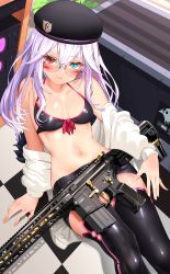 Rule 34 | 1girl, absurdres, ar-15, assault rifle, bare shoulders, beret, bikini, black bikini, black hat, black shorts, black thighhighs, blue eyes, breasts, closed mouth, collarbone, commission, facial mark, from above, front-tie bikini top, front-tie top, fur trim, glasses, gun, hair between eyes, halterneck, hat, heterochromia, highres, jacket, latex, latex legwear, long hair, long sleeves, looking at viewer, medium breasts, navel, off shoulder, open clothes, open jacket, panamuru, red eyes, rifle, rocksuch (vrchat), round eyewear, short shorts, shorts, sitting, skeb commission, solo, stomach, string bikini, swimsuit, thighhighs, vrchat, weapon, white hair, white jacket