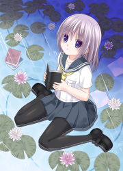 Rule 34 | 1girl, absurdres, bad id, bad pixiv id, black pantyhose, blue eyes, book, flower, grey hair, highres, ikeda yuuki, lily pad, looking at viewer, open book, original, pantyhose, partially submerged, pleated skirt, revision, ripples, school uniform, serafuku, sitting, skirt, solo, wariza, water, wet, wet clothes