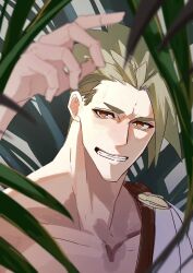 Rule 34 | 1boy, absurdres, achilles (fate), ancient greek clothes, bags under eyes, blurry, collarbone, depth of field, fate (series), greco-roman clothes, grin, haruakira, highres, looking at viewer, male focus, mature male, orange eyes, outdoors, plant, short hair, smile, solo, undercut, upper body, white tunic