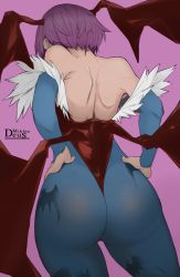 Rule 34 | 1girl, absurdres, ass, bare shoulders, bridal gauntlets, capcom, demon girl, from behind, head wings, highres, huge ass, leotard, lilith aensland, messatsu tan, mikleodeus, pantyhose, purple hair, shiny clothes, short hair, solo, thong leotard, vampire (game), wings