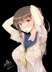 Rule 34 | 1girl, adjusting hair, black background, black hair, blush, breasts, covered erect nipples, female focus, large breasts, long hair, looking at viewer, mouth hold, original, red eyes, school uniform, see-through, serafuku, shake (ferit3), simple background, solo, tying hair, wet, wet clothes