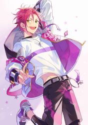 Rule 34 | 1boy, bangs pinned back, belt, commentary, ensemble stars!, fingernails, gradient background, green eyes, hair ornament, hairclip, hood, hood down, isara mao, jacket, jewelry, pantyhose under shorts, long sleeves, male focus, necklace, open clothes, open jacket, open mouth, pantyhose, purple hair, seuga, shirt, short hair, shorts, solo, star (symbol), t-shirt, teeth, upper teeth only