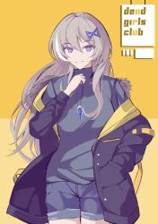 Rule 34 | 1girl, absurdres, ana schariac, black coat, black sweater, blue shorts, brown hair, closed mouth, coat, hair ornament, hairclip, hand in pocket, highres, holding, holding jewelry, holding necklace, honkai (series), honkai impact 3rd, jewelry, long hair, long sleeves, looking at viewer, necklace, shorts, smile, solo, sparks summer, sweater, turtleneck, turtleneck sweater, two-tone background, yellow background