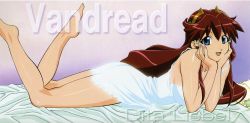 Rule 34 | 00s, 1girl, absurdres, barefoot, bed, blue eyes, camisole, character name, copyright name, dita liebely, hair ornament, hands on own face, head rest, highres, kuroda kazuya, legs, long hair, looking at viewer, lying, nail polish, on bed, on stomach, open mouth, pillow, red hair, shiny skin, smile, solo, text focus, vandread