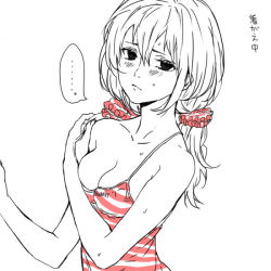 Rule 34 | 1girl, breasts, cleavage, female focus, monochrome, solo, spot color, sweat, tcb, tengirl, twintails, upper body, white background