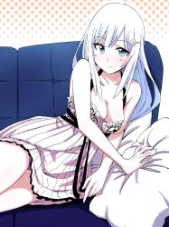 Rule 34 | 1girl, absurdres, arm support, bare shoulders, black bow, black trim, blue eyes, blue hair, blush, bow, breasts, camisole, cleavage, closed mouth, collarbone, couch, dot nose, frilled camisole, frills, hair ornament, hairclip, highres, idolmaster, idolmaster million live!, idolmaster million live! theater days, light blue hair, long hair, looking at viewer, lying, medium breasts, on couch, on side, orange background, pillow, pink camisole, polka dot, polka dot background, rickhime38, shiraishi tsumugi, smile, solo