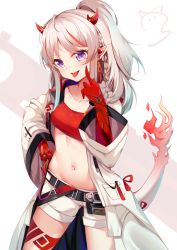 Rule 34 | 1girl, arknights, belt, black belt, blush, braid, breasts, coat, collarbone, commentary request, crop top, demon horns, flame-tipped tail, grey hair, hair ornament, hand up, head tilt, highres, horns, long sleeves, looking at viewer, midriff, multicolored hair, nahaki, navel, nian (arknights), open clothes, open coat, parted lips, pointy ears, ponytail, purple eyes, red hair, short shorts, shorts, small breasts, solo, streaked hair, tail, flame-tipped tail, teeth, tongue, tongue out, upper teeth only, white coat, white shorts, wide sleeves