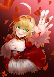 Rule 34 | 1girl, ahoge, artist name, blonde hair, blush, braid, breasts, downblouse, epaulettes, fate/extra, fate (series), french braid, green eyes, hair between eyes, hair intakes, hand on own chest, highres, medium breasts, nero claudius (fate), nero claudius (fate) (all), nero claudius (fate/extra), nida keita, open mouth, petals, rose petals, signature, smile, solo, teeth