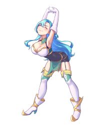 Rule 34 | 1girl, ^ ^, absurdres, aqua hair, armpits, arms up, bare shoulders, black dress, boots, breasts, chloe (fire emblem), cleavage, closed eyes, commentary, dress, earrings, elbow gloves, fire emblem, fire emblem engage, full body, garter straps, gloves, high heel boots, high heels, highres, jewelry, large breasts, leaning forward, long hair, microdress, nintendo, pencil dress, sher (imnotsher), simple background, sleeveless, smile, solo, standing, stretching, thigh boots, thighs, very long hair, white background, white footwear, white gloves