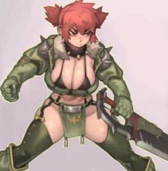 Rule 34 | 1girl, absurdres, black bra, boots, bra, breasts, closed mouth, collar, commentary, english commentary, fur trim, garter straps, gloves, green footwear, green gloves, green jacket, green thighhighs, grey background, grey eyes, highres, holding, holding sword, holding weapon, jacket, kelvin hiu, large breasts, looking away, medium hair, navel, open clothes, open jacket, orange hair, original, short twintails, simple background, solo, standing, stomach, sword, thighhighs, twintails, underwear, weapon