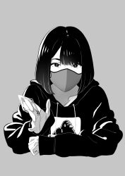 Rule 34 | 1girl, bob cut, covered mouth, grey background, greyscale, hand up, highres, holding, holding money, hood, hood down, hoodie, long sleeves, looking at viewer, mask, medium hair, money, monochrome, mouth mask, original, print shirt, shirt, simple background, solo, upper body, yukiyoshi mamizu