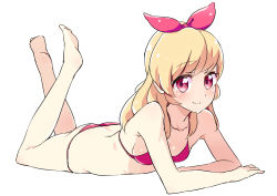 1girl, aikatsu!, aikatsu! (series), arm rest, armpit crease, ass, back, bare arms, bare legs, bare shoulders, barefoot, bikini, blonde hair, blush, bow, breasts, butt crack, collarbone, commentary, eyebrows visible through hair, feet up, from side, full body, hair bow, hairband, hoshimiya ichigo, itouchaba, long hair, looking at viewer, looking to the side, lying, midriff, on stomach, pink bikini, red bow, red eyes, red hairband, sideboob, simple background, small breasts, smile, solo, stomach, string bikini, swimsuit, the pose, white background