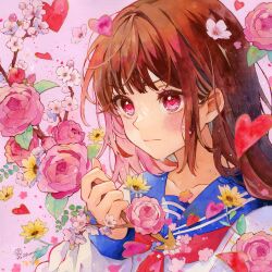 Rule 34 | 1girl, absurdres, blush, closed mouth, flower, flower on head, heart, heart in eye, highres, holding, holding flower, original, red eyes, red flower, red hair, red rose, rose, solo, symbol in eye, tagme, upper body, yuyuharu 1027