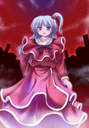 Rule 34 | 1girl, :o, blue eyes, blush, cityscape, cloud, dress, female focus, hair bobbles, hair ornament, highres, hong meiling, long sleeves, looking at viewer, looking back, lzh, mystic square, open mouth, red dress, red sky, shinki (touhou), side ponytail, silver hair, sky, solo, standing, touhou, touhou (pc-98)