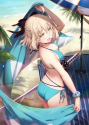 Rule 34 | 1girl, :d, arm up, ass, beach, bikini, black bow, blue bikini, blue scarf, blue scrunchie, blush, bow, breasts, commentary request, day, fate/grand order, fate (series), gabiran, hair bow, halterneck, holding, koha-ace, light brown hair, looking at viewer, looking to the side, medium breasts, o-ring, o-ring bikini, o-ring top, ocean, okita souji (fate), okita souji (koha-ace), open mouth, outdoors, ponytail, round teeth, sand, scarf, scrunchie, side-tie bikini bottom, smile, solo, standing, string bikini, swimsuit, teeth, upper teeth only, water, wrist scrunchie, yellow eyes
