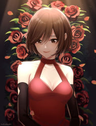 Rule 34 | 1girl, bare shoulders, black background, black gloves, breasts, brown eyes, brown hair, collarbone, commentary, dress, elbow gloves, falling petals, floral background, flower, gloves, halterneck, highres, light smile, lips, looking at viewer, medium breasts, meiko (vocaloid), nokuhashi, petals, red dress, red flower, red rose, rose, short hair, solo, spotlight, upper body, vocaloid