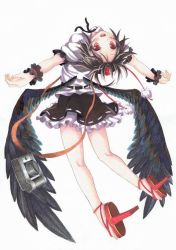 Rule 34 | 1girl, bird wings, black hair, black wings, calligraphy brush (medium), camera, feathers, full body, geta, hat, hat ribbon, kittona, looking at viewer, millipen (medium), open mouth, outstretched arms, pom pom (clothes), puffy short sleeves, puffy sleeves, ribbon, shameimaru aya, shirt, short sleeves, skirt, smile, solo, tokin hat, touhou, traditional media, watercolor pencil (medium), white background, wings, wrist cuffs
