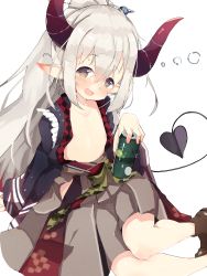 Rule 34 | 1girl, :d, blush, child, collarbone, commentary, curled horns, demon girl, demon horns, demon tail, drunk, ear blush, emma august, flat chest, hair between eyes, highres, horns, long hair, looking at viewer, nijisanji, open mouth, pointy ears, silver hair, simple background, sitting, smile, solo, sweat, sweatdrop, tail, teranekosu, virtual youtuber, white background