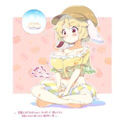 Rule 34 | 1girl, animal ears, baozi, barefoot, blonde hair, blush, breasts, brown hat, cleavage, closed mouth, commentary, flat cap, floppy ears, food, food-themed background, full body, groin, hat, hungry, indian style, large breasts, navel, pink background, rabbit ears, red eyes, ringo (touhou), short hair, short sleeves, shorts, sitting, solo, striped clothes, striped shorts, sweatdrop, symbol-only commentary, tanasuke, thought bubble, touhou, translation request, vertical-striped clothes, vertical-striped shorts, yellow shorts