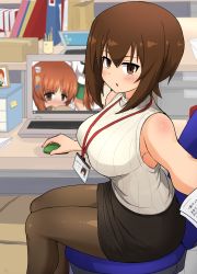 1girl, absurdres, bangs, black legwear, black skirt, blush, boko (girls und panzer), brown eyes, brown hair, chair, commentary, computer, eyebrows visible through hair, girls und panzer, highres, holding, holding stuffed toy, id card, indoors, kumo (atm), lanyard, laptop, looking at viewer, miniskirt, mouse (computer), nishizumi maho, nishizumi miho, office chair, office lady, ooarai school uniform, pantyhose, parted lips, pencil skirt, picture (object), ribbed shirt, school uniform, shirt, short hair, sitting, skirt, sleeveless, sleeveless shirt, solo, stuffed toy, turtleneck, white shirt