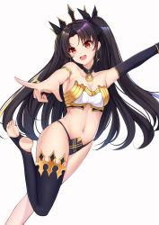 Rule 34 | 1girl, absurdres, armlet, asymmetrical legwear, asymmetrical sleeves, bad id, bad pixiv id, bare shoulders, bikini, black hair, breasts, bridal gauntlets, catnnn, commentary, crown, earrings, elbow gloves, fate/grand order, fate (series), feet, gloves, hair ribbon, happy, head tilt, highres, hoop earrings, ishtar (fate), jewelry, long hair, looking at viewer, medium breasts, midriff, navel, neck, neck ring, open mouth, outstretched arms, parted bangs, red eyes, revealing clothes, revision, ribbon, simple background, single elbow glove, single thighhigh, smile, solo, standing, strapless, strapless bikini, swimsuit, thighhighs, toeless legwear, two side up, uneven legwear, uneven sleeves, white background